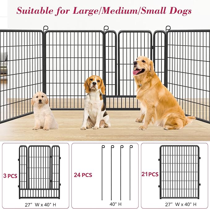 Dog Playpen 40 inch Dog Fence for Outdoor Indoor Use Heavy Duty Metal Dog Pen for Large Dogs, Rustproof Pet Playpen Portable Pet Fence Outdoor for Yard, RV Camping, Customizable, 24 Panels