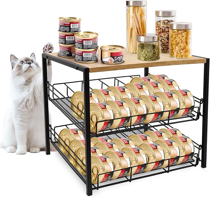 Bamboo & Iron Cat Food Organizer, 2-Tier Stackable Rack Holds 48 Cans 3oz | FIFO auto slide-down,Flat top storage, Organizes pantry & pet food cans