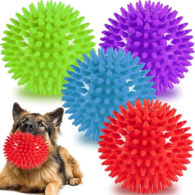 4.5” Heavy Duty Squeaky Dog Balls Toys for Medium Large Dogs 4 Pack Indestructible Dog Toys for Aggressive Chewers Spike Dog Balls for Clean Teeth and Training Dog Toys for Boredom and Stimulating