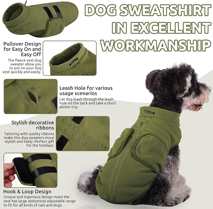 Queenmore Small Dog Sweaters, Soft Fleece Vest Pullover Dog Jacket with Leash Hole, Warm Winter Dogs Clothes Cold Weather Doggy Dachshund Sweater for Small Dogs Cats Boy or Girl (Army Green, XS)