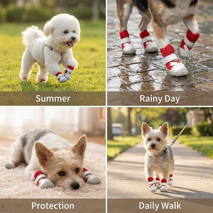 Dog Shoes for Small Dogs, Hot Pavement Summer Puppy Dog Boots & Paw Protectors with Soft Anti-Slip Rubber Sole, Mesh Breathable Dog Booties for Hardfloors, Walking Running 4 Pack (red, 2)