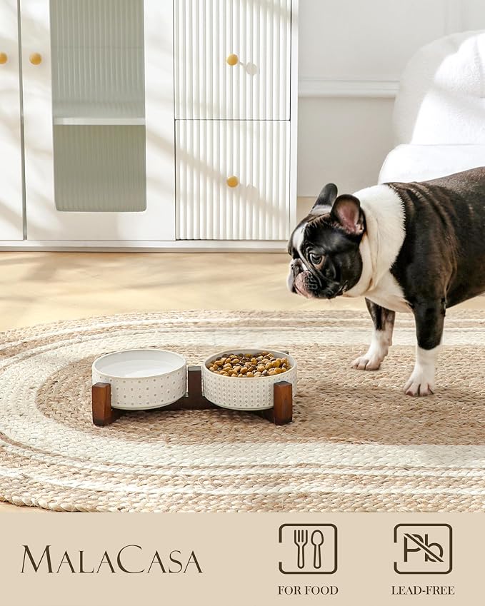 MALACASA Dog Bowl Set, Ceramic Bowls with Walnut Wood Stand, 1.5 Cups | Rhombic and polka dot design, non-slip base, for cats and dogs, about 26% heavier than similar ceramic bowls