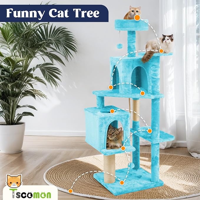 58.5inch Large Cat Tree Tower Condo for Indoor Cats, Soft Plush Multi-Level Climbing Tree Cat House, Scratching Post, More Entrance/Exit, Sisal Rope, Peacock Blue