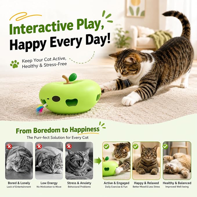 Cat Toys Automatic Interactive Cat Toy for Indoor Cats, Green | Rechargeable Cat Toys Interactive, Quiet Pop-Up Kitten Toy, Smart Sensor Feather Toy, Simulates Hunting, with 6 Random Holes