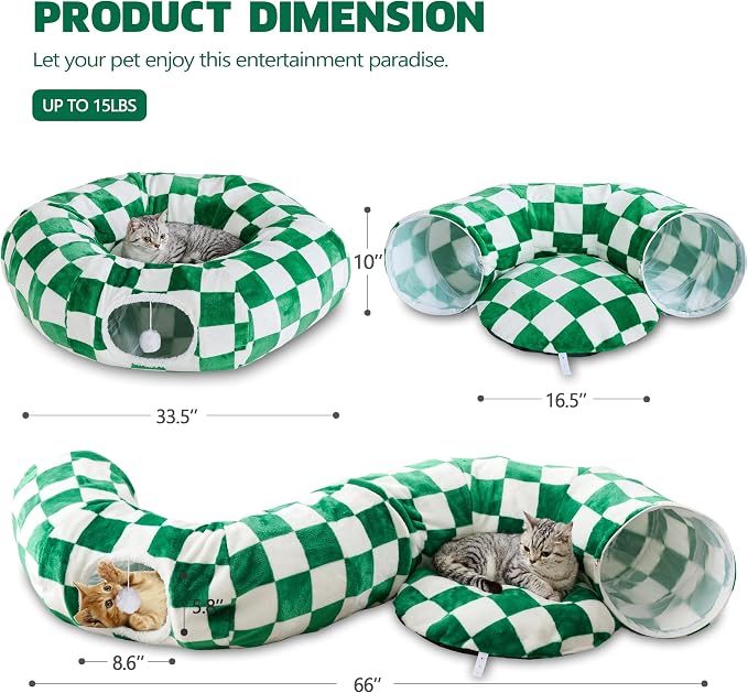 Cute Round Cat Tunnel for Indoor Cats, Green/White | Peekaboo Cat Cave with Dangling Balls, Checkered Pet Donut Tunnel Bed with Circle Mat for Puppy Kitten Rabbit