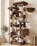 Heybly Cat Tree, 71-Inch-Tall Tower for Indoor Cats with 2 Perches HCT034BW | Large Cat Furniture with 2 Big Condos, 2 Hammocks, Basket, Scratching Pad, Multi-Level Cat Condo, Leopard Print