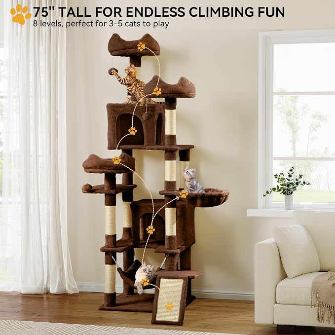 YITAHOME 75-Inch Tall Cat Tree Indoor | Multi-Level Cat Tower with Kitty Condos, Top Perches, Sisal Ramp, Scratching Posts & Cozy Basket Hammocks, Black