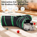 Tempcore Cat Tunnel for Indoor Cats, 3 Way Collapsible Pet Play Tunnel with Teaser Wand, Peek Holes & Hanging Ball, Interactive Tube for Kittens & Rabbits, Black & Green