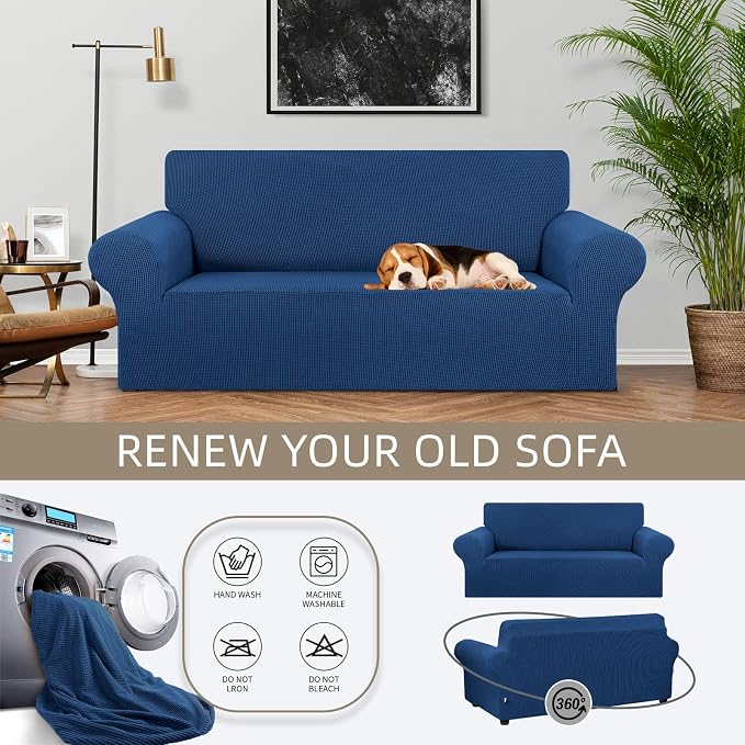 Stretch Loveseat Couch Cover, 2 Cushion Couch Slipcover,Classic Blue | 1-Piece Washable Sofa Cover Pet Friendly (55"-78") Furniture Protector Soft Jacquard, Elastic Bottom for Dogs & Kids