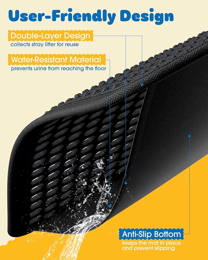 Powools Ultra-Large Cat Litter Mat, 27'' x 19", Double-Layer, Black | Urine-Proof, Non-Slip Litter Trapping Mat, Easy to Clean, Kitty Litter Mats for Floor, Scatter Control