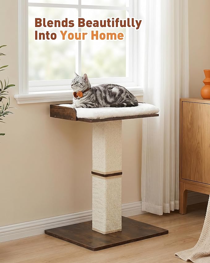 Retro Cat Scratching Post with Top Perch Bed for Indoor Cats | Removable & Washable Cushion, Small Morden Cat Tree, Cat Tower with Scratch Post, Natural Sisal, Retro-Style