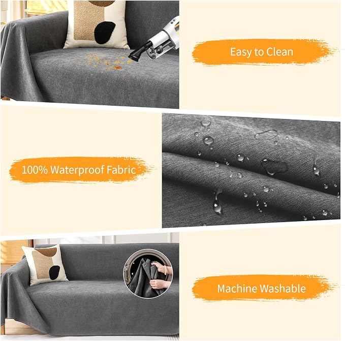 Deep Dream Cat-Scratch Resistant Couch Cover, Waterproof Sofa Cover for 3 Cushion Couch Washable, Pet Friendly Couch Protectors Anti Slip Thickened Sofa Slipcovers for Dogs Pets, 91" x 150", Dark Grey