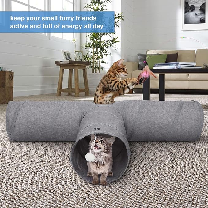 Ownpets 12" Large Cat Tunnel 3-Way T-Shape Oxford Fabric for Large Cat | Silent oxford fabric no noise, expandable 3-channel design, with plush ball ,feather wand, peek hole, for multi-cat household