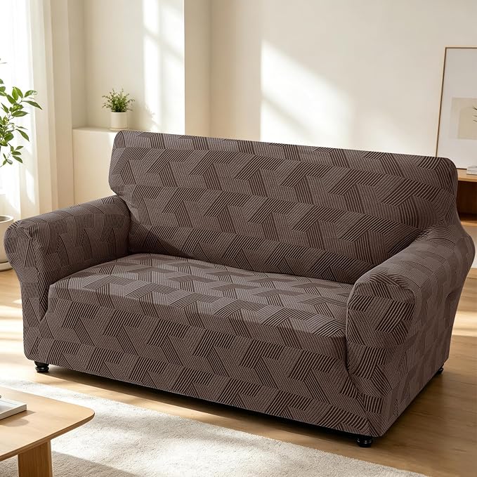 ZNSAYOTX Stretch Couch Covers for 2 Cushion Couch, 1-Piece Loveseat Covers Sofa Slipcover, Furniture Protector with Elastic Bottom for Dogs Geometrical Jacquard Fabric (Medium, Brown)