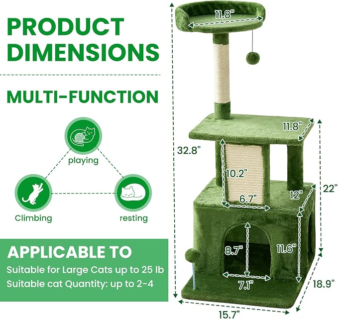 32.8inch Small Cat Tree Tower Condo for Indoor Cats, Soft Plush Multi-Level Climbing Tree Cat House with Cat Cave, Scratching Post, Sisal Rope, Green