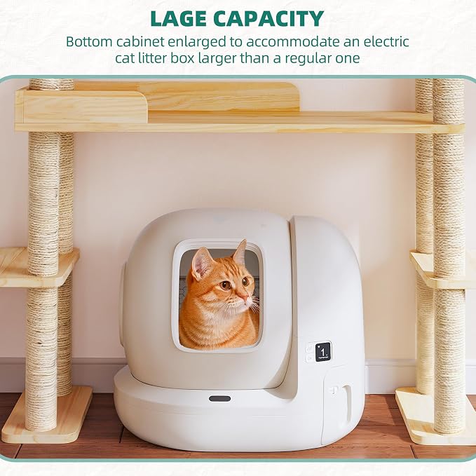 Wood Cat Tower for Automatic Litter Box, 4 Tier Cat Tree, 60 Inch | Multi-Level Solid Wood Cat Tree for Indoor Large Cats, Tall Cats Scratching Post Furniture w/Cats House, Burlywood