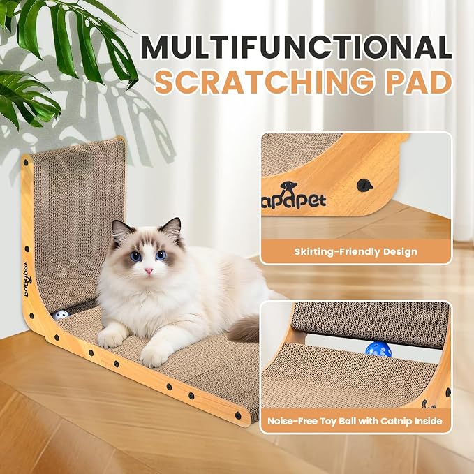 Cardboard Cat Scratcher for Indoor Cats, 26.8 Inch L Shaped Vertical Cat Scratching Board with Ball Cat Toy, Large Cardboard Cat Scratcher Pad