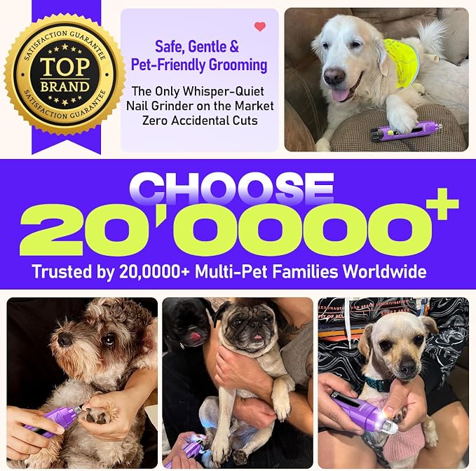Whisper-Quiet Dog Nail Grinder 50%More Power for Sensitive Dogs,Cat | 6-Speed Pet Nail Trimmer with LED Display & 4 LED Lights, 3 Grinding Bits, No Over-Cutting,Stress-Free Grooming for All Pets