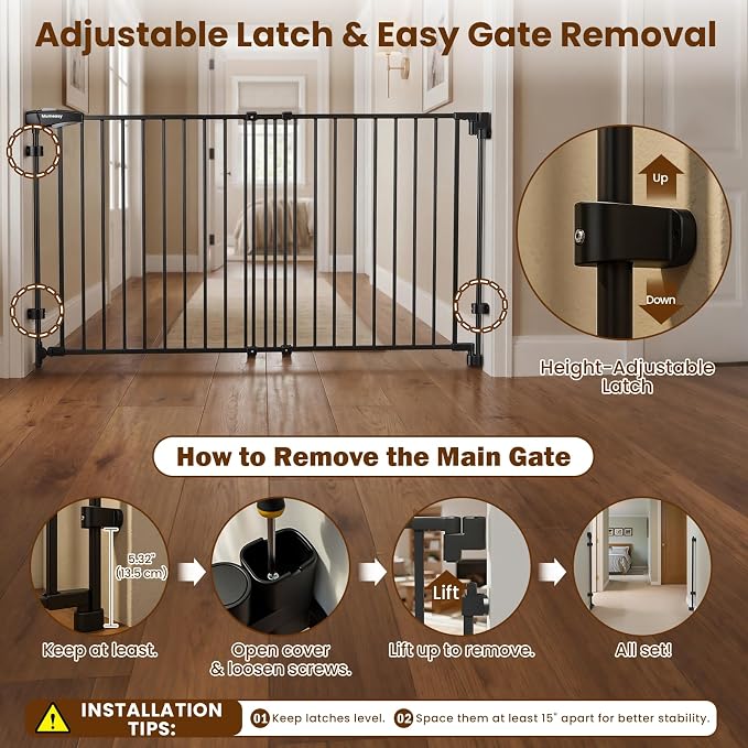 Mumeasy 30" Tall Baby Gate for Stairs, 36.2-55.1" Expandable Hardware Mounted (Drill Needed), Removable No Bottom Bar Dog Gate, Auto Close Wide Walk Thru Safety Gate for Doorways, Pets& Toddlers,Black