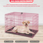 FDW Dog Crate for Large Dogs 42 Inch Folding Metal WirePet Cage Double Door W/Divider Panel Indoor Outdoor Kennel Leak-Proof Plastic Tray,Pink