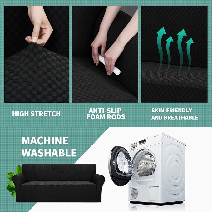 YEMYHOM Couch Cover Latest Jacquard Design High Stretch Sofa Covers for 2 Cushion Couch, Pet Dog Cat Proof Loveseat Slipcover Non Slip Magic Elastic Furniture Protector (Medium, Black)