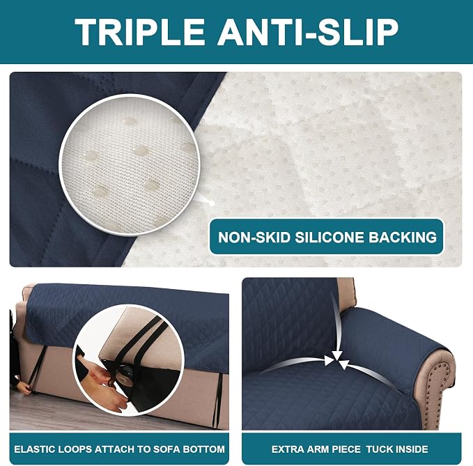 Turquoize 100% Waterproof Sofa Covers Couch Cover Sofa Cover for Dogs Couch Protector Triple Non-Slip Sofa Slipcover for 3 Cushion Couch Furniture Protector for Pets, Kids,Dog (Sofa 70", Navy)