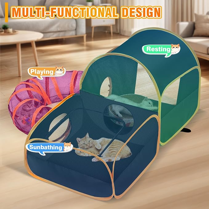 Tailtastic Indoor/Outdoor Cat Playpen with Surround Tunnel 2 Zones Black | escape-proof enclosed enslosure,lightweight foldable for travel, ideal for indoor cats, multi-cat homes & birthing