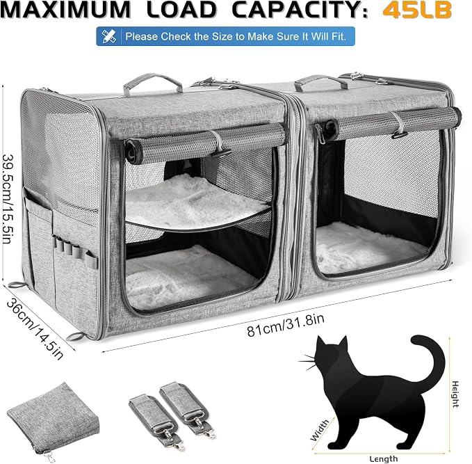 Extra Large Cat Carrier for 2 Cats with Travel Litter Box, 2-in-1 Foldable Soft Pet Car Travel Carrier with Zipper Locks for Multiple Cats Small Dogs Up to 45 Lbs, Gray