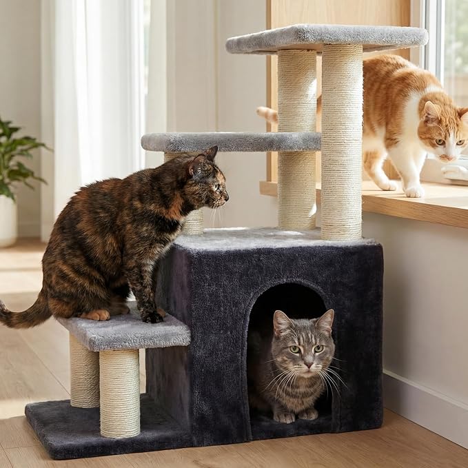 Heybly Cat Scratching Post, Pet Steps for Indoor Cats and Dogs, HSP002SGW | Small Cat Tree with Cat Condo, Pet Stairs with Full Wrapped Sisal Posts & Soft Plush Fabric, Smoky & Light Gray