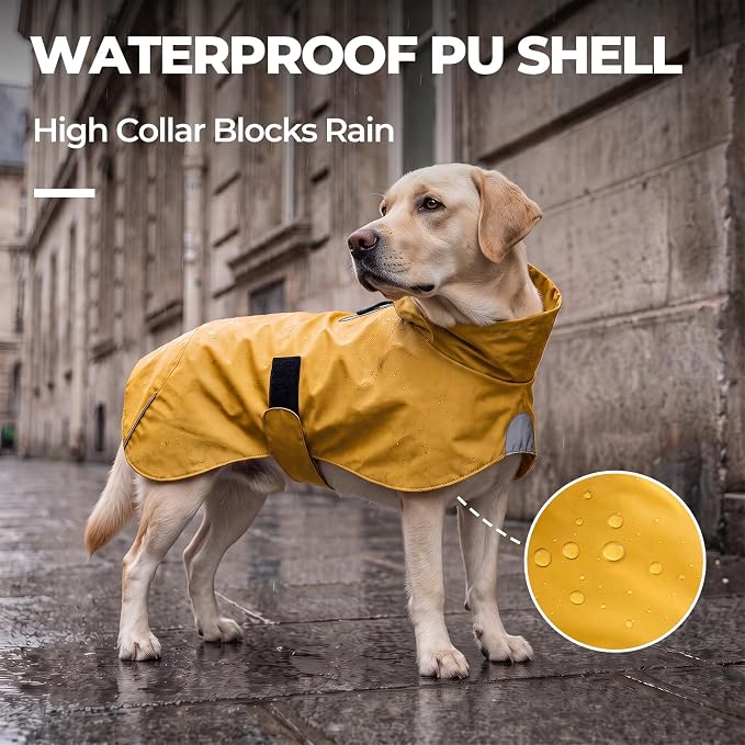 PU Dog Raincoat, Non-Toxic & Odorless Waterproof Vest, Adjustable High Neck and Hook & Loop Belly Closure for Rainy Potty Breaks & Wet Weather Outdoor Walks (Yellow, XXX-Large)