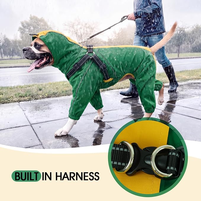 Lelepet Dog Raincoat with Harness, Green, L | Waterproof full body for rainy walking hiking, Adjustable detachable hood for flexible wear, Reflective stripes ensure safety