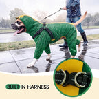 Lelepet Dog Raincoat with Harness, Green, L | Waterproof full body for rainy walking hiking, Adjustable detachable hood for flexible wear, Reflective stripes ensure safety