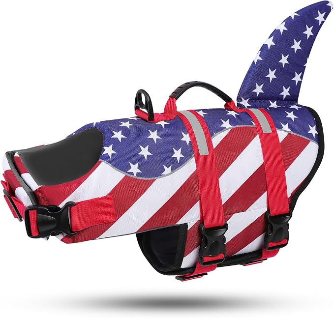 ASENKU Dog Life Jacket - Pet Safety Vest for Swimming & Boating, Shark Life Jacket with Floatation, Dog Lifesavers Swimsuits for Small Medium Large Dogs (RedFlag, L)
