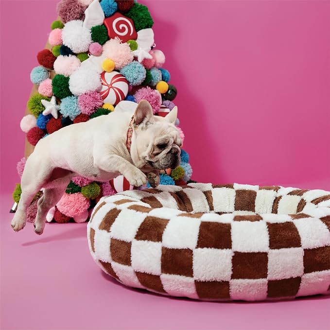 LE SURE Shown on TV Jacquard Donut Cute Small Dog Beds，Brown 23x23x7in | Orthopedic Calming Cat Sofa Indoor,Original Design Pattern,Washable Cover,Home Decor as Gift for Pet ,Anti Slip Bottom