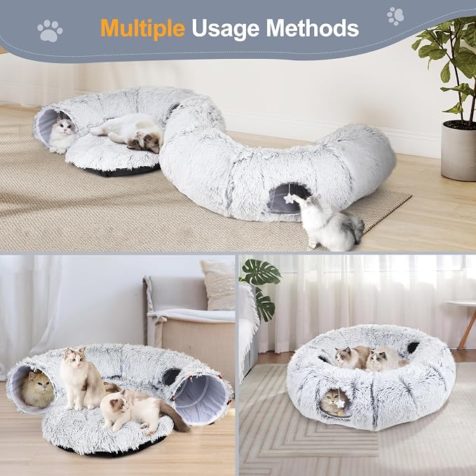 Cat Tunnel Bed for Indoor Cats, XL Christmas Tree Skirts Washable Warm Soft Indoor Cat Donut Tunnel, Multifunctional Cat Interactive Playground Toys for Felines Pet Christmas Tree Decoration