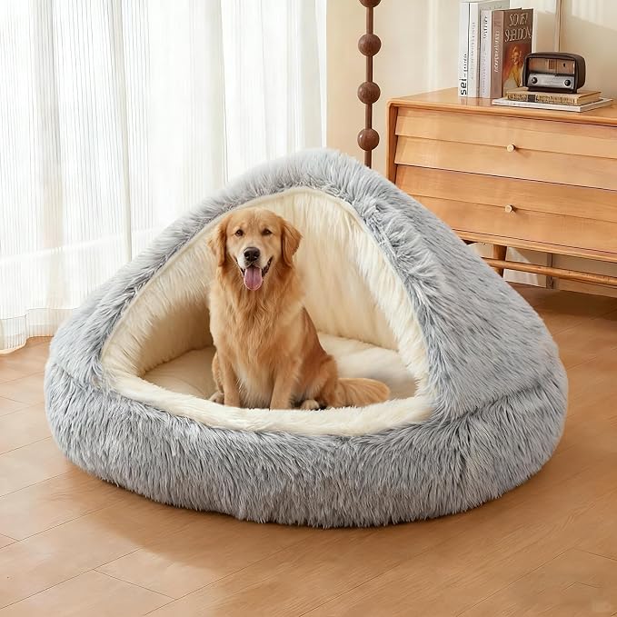 ShinHye Round Plush Fluffy Hooded Cat Bed Cave, Cozy for Indoor Cats or Small Dogs, Waterproof Bottom, Washable（35 in）