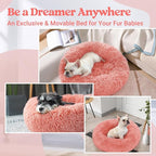 rabbitgoo Calming Cat Beds for Indoor Cats, 27 inches, Pink | Soft Warm Donut, Fluffy Faux Fur, Supportive Raised Rim, Anti-slip, Machine Washable, Up to 35lbs Pets