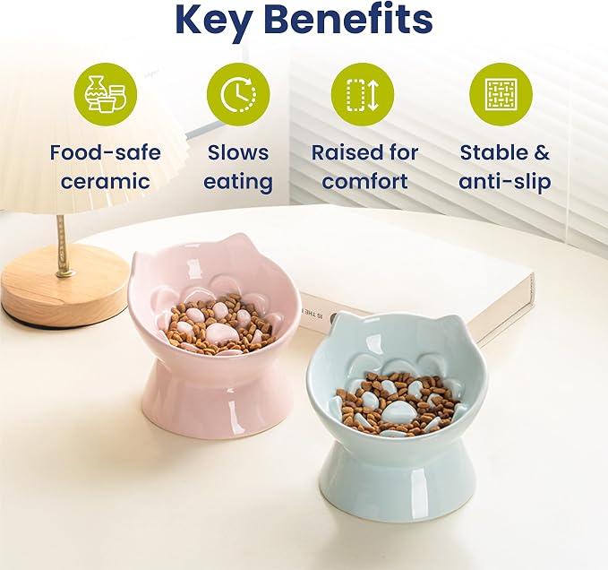 Lynx Ceramic Raised Slow Dog & Cat Elevated Food Bowl, Sky Blue | Tilted 15° Elevated Pet Food Bowl, Whisker-Friendly, Anti-Choking Dish, Dishwasher Safe, Nonslip, Food Grade Material