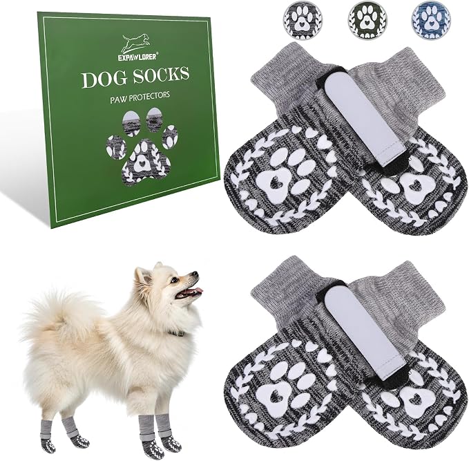 EXPAWLORER Dog Socks to Prevent Licking and Slipping, Summer Dog Shoes for Hot Pavement, Paw Protectors for Hardwood Floors Anti-Slip, Dog Booties for Small Medium Large Senior Dogs, Black Grey XS