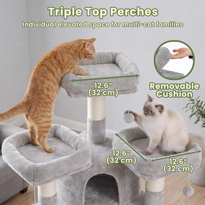 Cat Tree, 81.1" Tall Heavy Duty Cat Tower for Large Cats VCT032W | Cat Furniture with 3 Wide Platforms, Diamond-Shaped Condo 2 Sisal Scratchers, Hammock & Stable Base, Light Gray