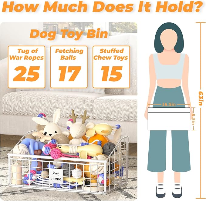 Dog Toy Bin Toy Basket Metal Storage Box with Handles Dog Organizer Chew-Proof White Dog Toy Box Blankets Leashes Chest Puppy Dog Toy Storage Container Home Decor Pet Toys Dog Cat