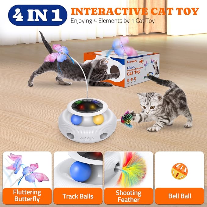 Pawtners Cat Toys, Automatic Interactive Kitten Toys for Indoor Cats, White | Fluttering Butterfly, Moving Feather, Track Balls and USB Rechargeable Powered Smart Indoor Exercise Kicker