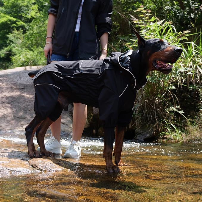 LOVELONGLONG Waterproof Dog Raincoat with Removable Hood – Outdoor Full Body Dog Jacket, Windproof Snowproof Shell Suit – All Season Pet Rain Gear Black M