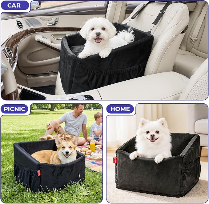 BurgeonNest Small Dog Car Booster Seat Bed Under 25 lbs (Black) | Fully detachable & washable travel bed with side storage pockets and clip-on safety leash for cozy, portable car trips.