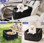 BurgeonNest Small Dog Car Booster Seat Bed Under 25 lbs (Black) | Fully detachable & washable travel bed with side storage pockets and clip-on safety leash for cozy, portable car trips.