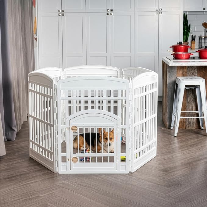 IRIS USA 6-Panel Dog Playpen, Pet Enclosure, White | Safe Play Zone, Configurable Layout, Multi-Shape Setup, Custom Pen Configuration, Stable Non-Tip Base, Secure Door Latch