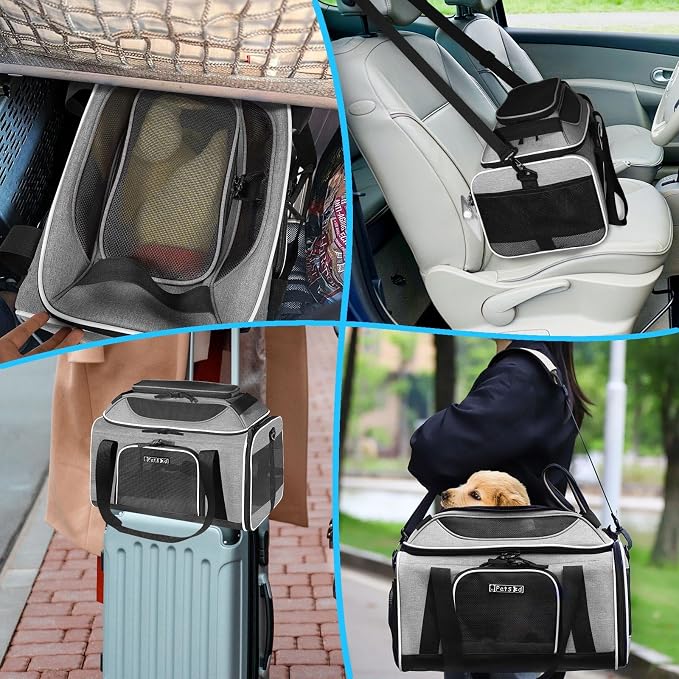 Petskd Top-Expandable Small Pet Carrier 17"x11"x9.5" Airline Approved | for Alaska Airlines, Lockable Safety Zippers and Anti-Scratch Mesh, Soft-Sided, Pets Under 10 Lbs, Grey