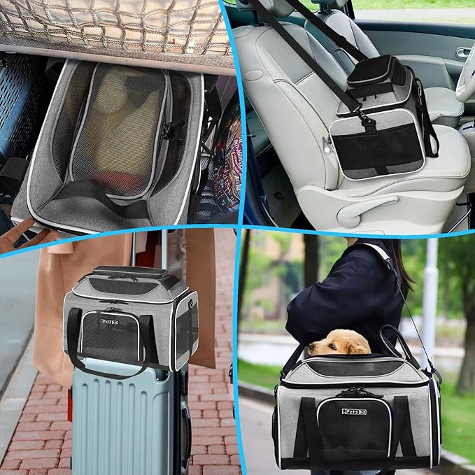 Petskd Top-Expandable Small Pet Carrier 17"x12"x8.5" Airline Approved | for JetBlue/Frontier/Spirit Airlines, Lockable Safety Zippers and Anti-Scratch Mesh, Soft-Sided, Pets Under 8 Lbs, Grey