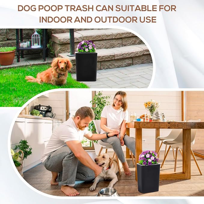 Jingmore Dog Poop Trash Can Outside 3.96 Gal/ 15 L Plant Styled Dog Waste Trash Can with Lid 50 Waste Bags Outdoor Indoor Poop Container Slim Garbage Bin for Yard Garden Pet(Purple Flower Black)
