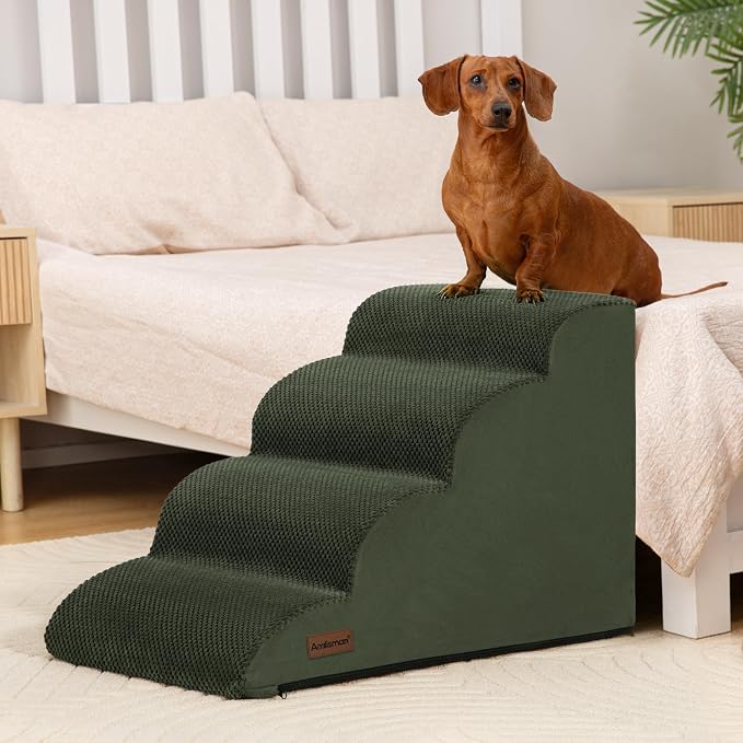 Aodisman Dog Steps for Bed or Couch,4 Step Pet Stairs for Small Dogs & Cat | Curved dog ramp help small dogs, senior cats and puppies get on and off couches and beds, non-slip bottom, 17.4" H,Green